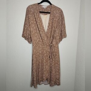 Garnet Hill Animal Print Crepe Wrap Dress Brown Tan Women's Size 14